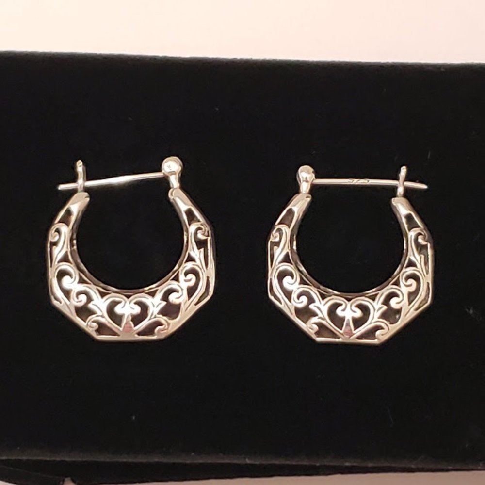 925 Silver Filigree Hoop Pierced Earrings 1" Solid back Hinged post closure EUC